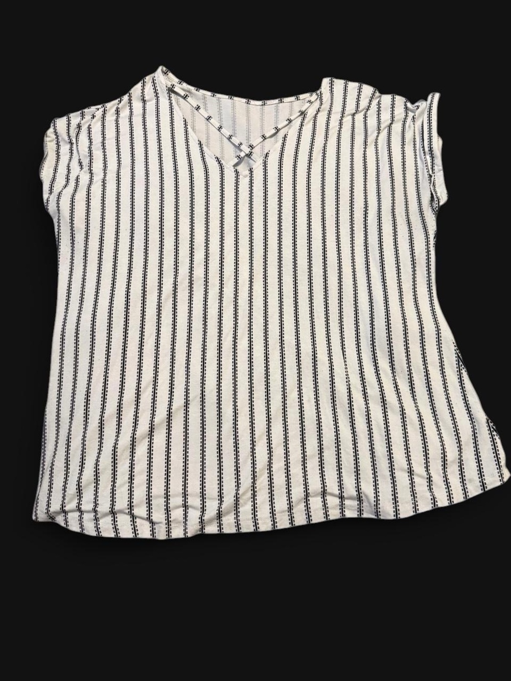 Striped V-Neck Short Sleeve Blouse in White and Black